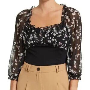 STATUS BY CHENAULT Mixed Media Printed 3/4 Sleeve Top, X-Small, BLACK Floral